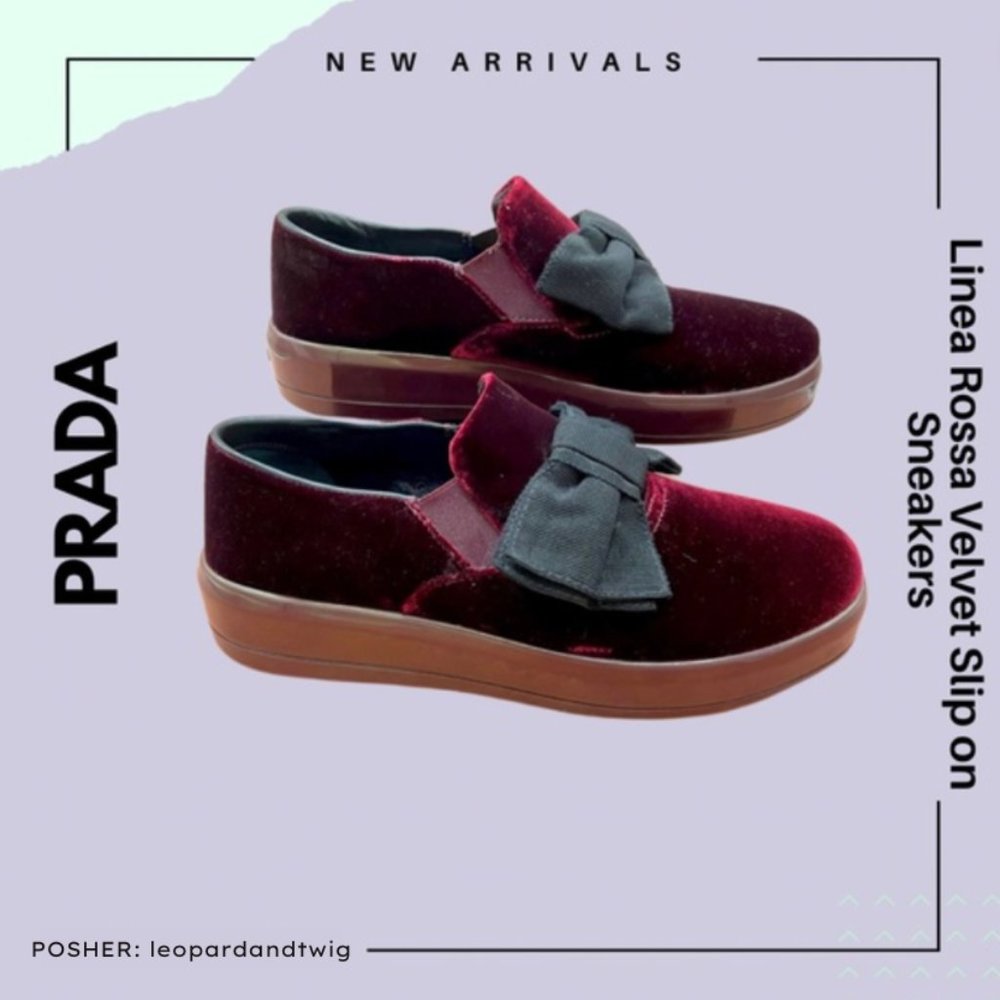NWOT Prada Linea Rossa Velvet Bow slip on sneakers